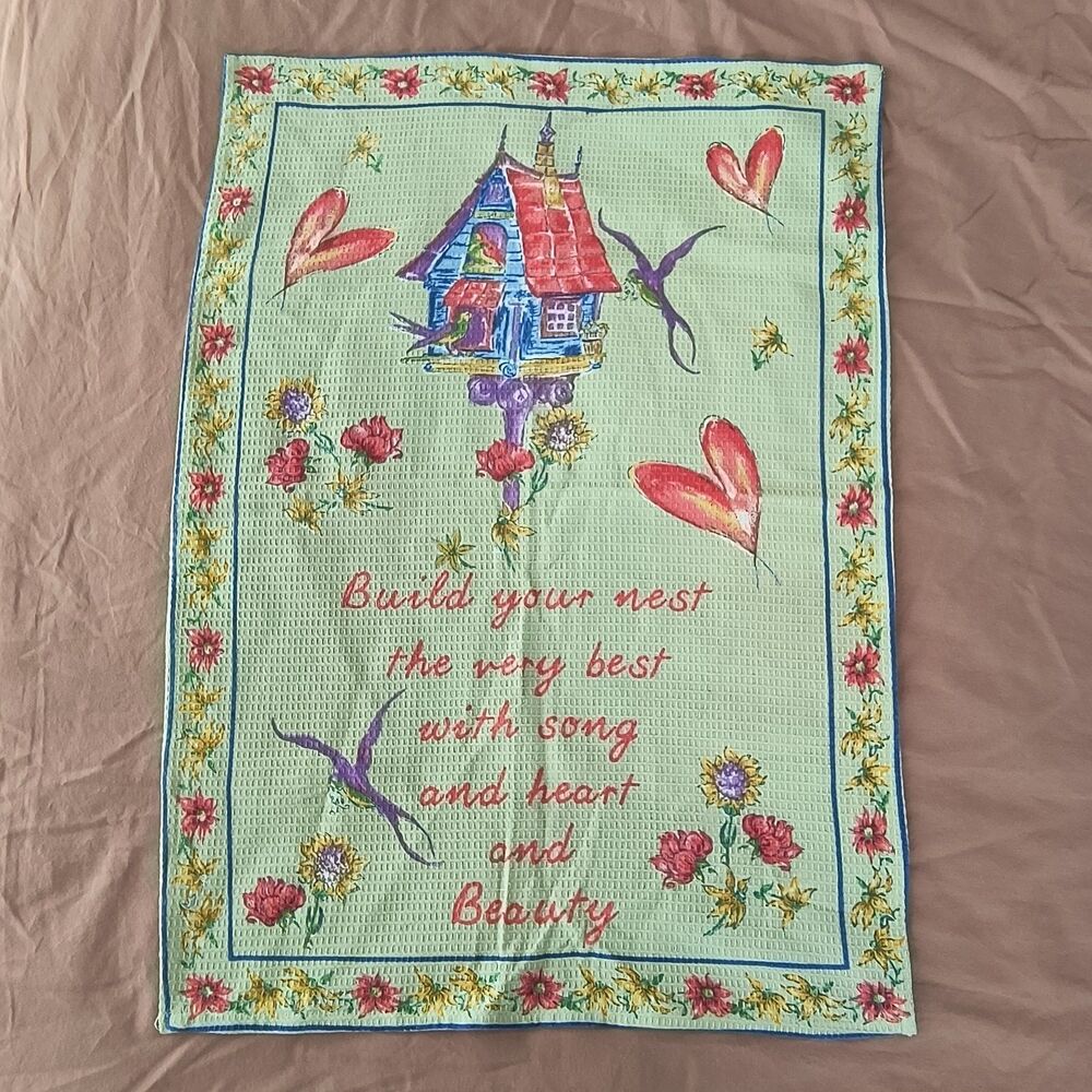 April Cornell Floral Tea Towels New Set of 2 Birds "Build Your Nest" Cottage